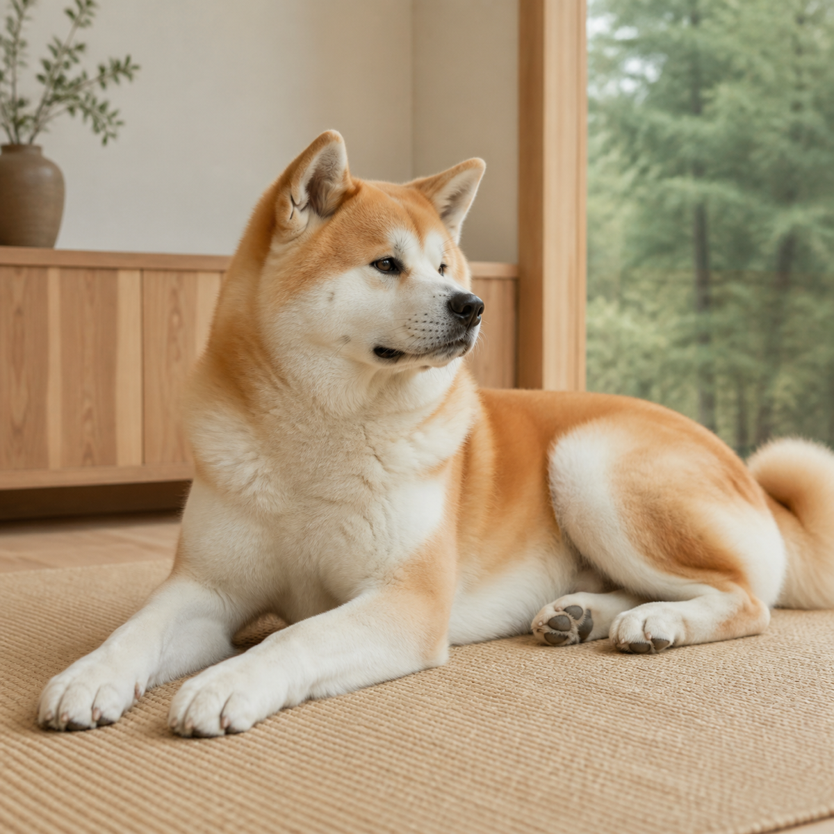 一隻赤毛、帶明顯裏白的成年日本秋田犬在簡約居家空間中休息