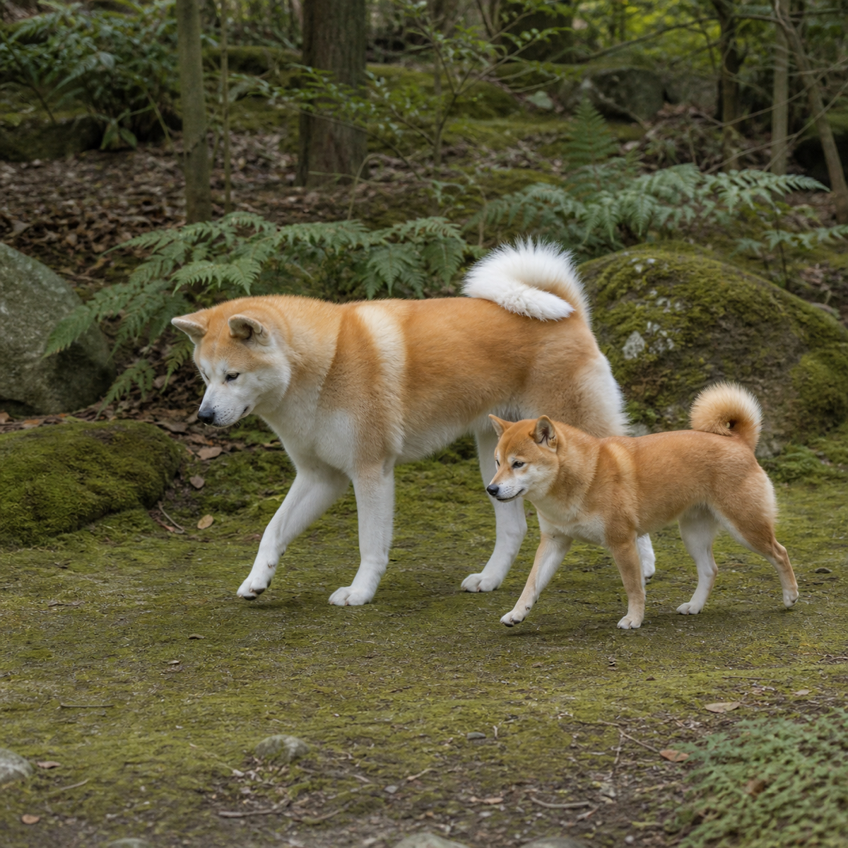 秋田犬與柴犬在苔蘚庭園步道自然緩步，呈現兩種犬種的體型差異