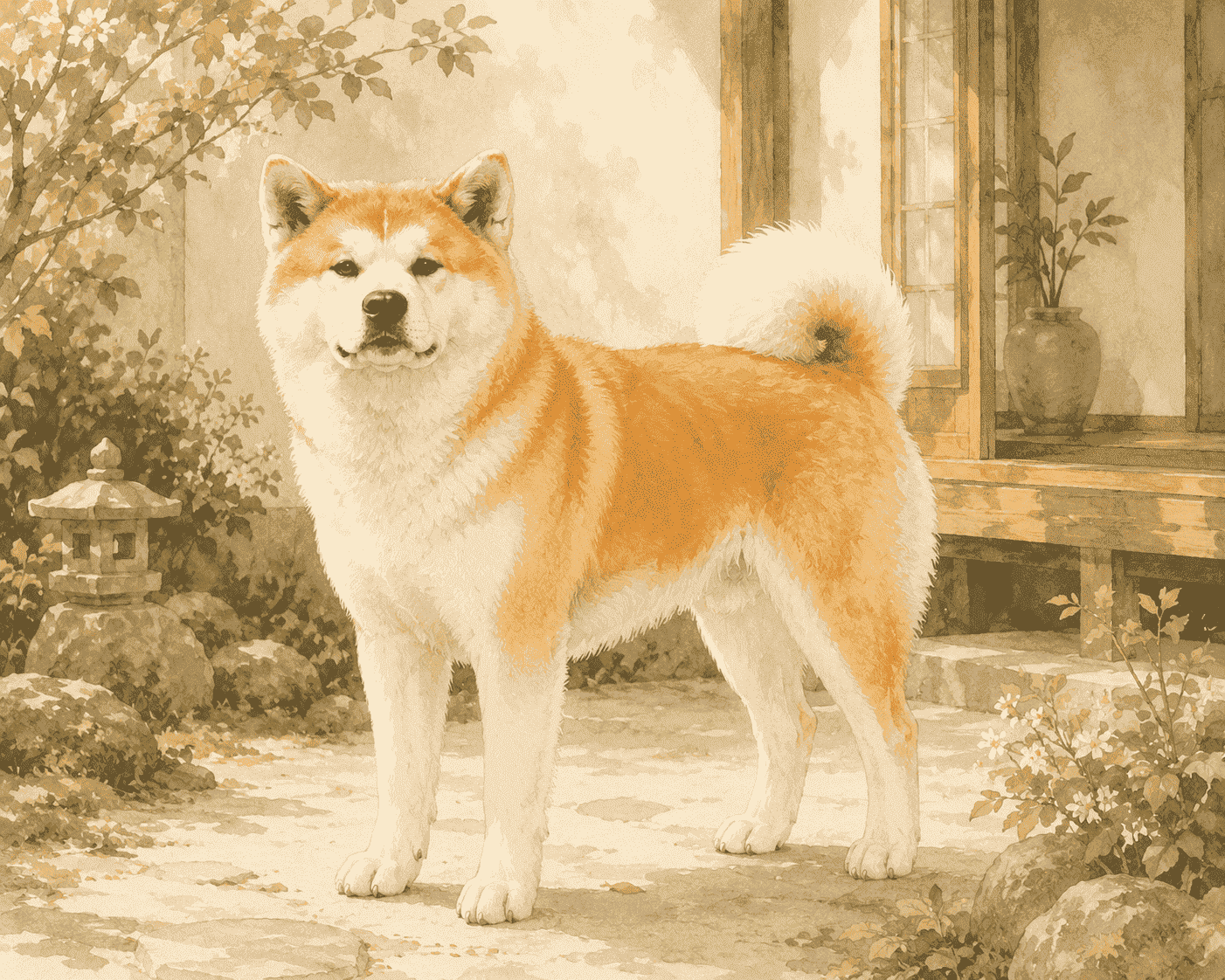 秋田犬站在庭院中，代表大型犬守護感與家庭照護