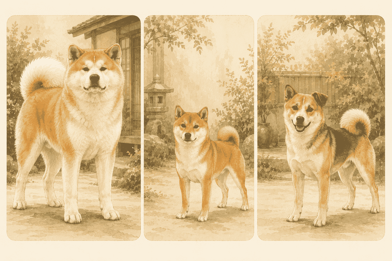 秋田犬、柴犬與柴犬混種同框，代表三種犬隻的外觀與性格比較