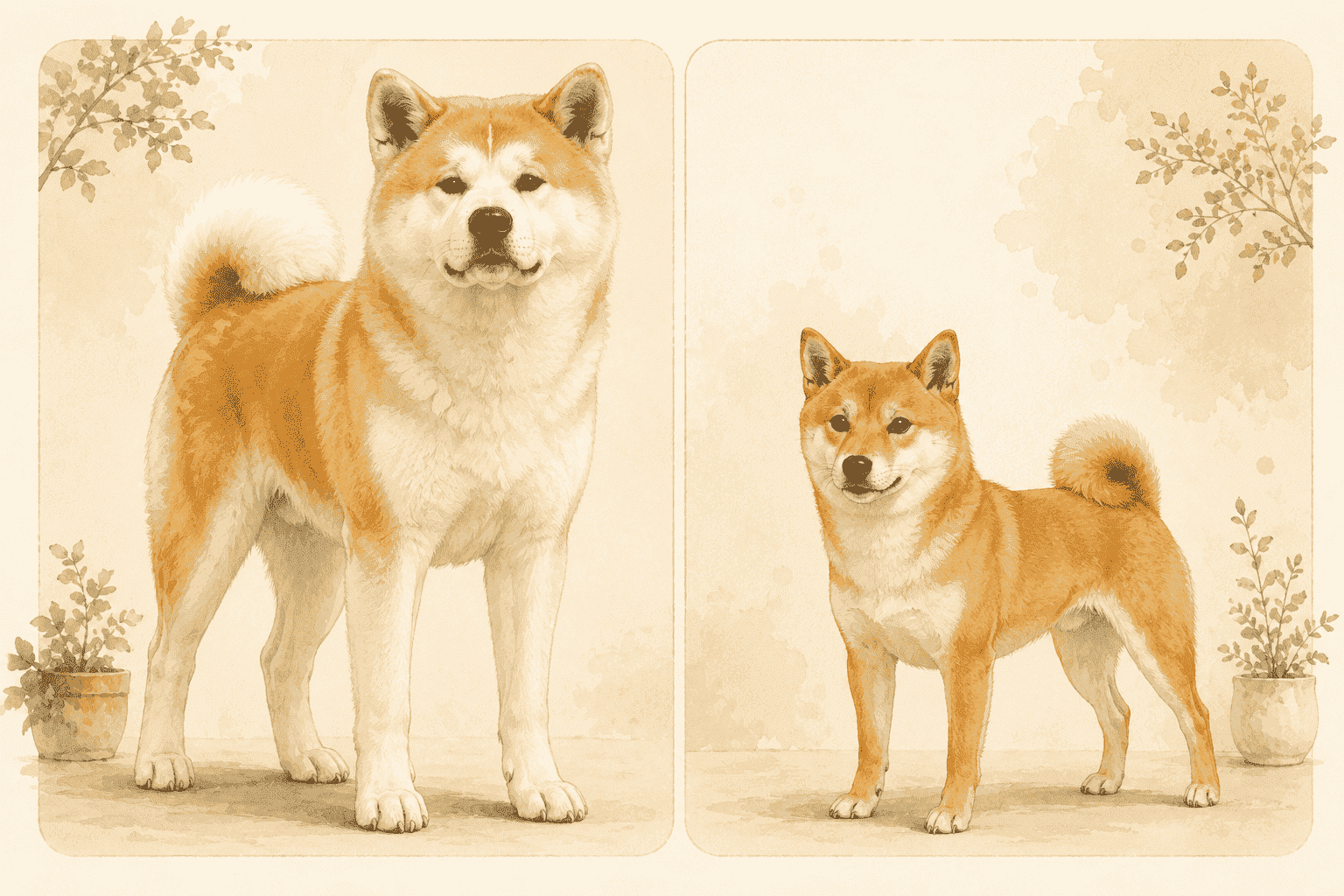 秋田犬與柴犬同框，代表體型與個性比較
