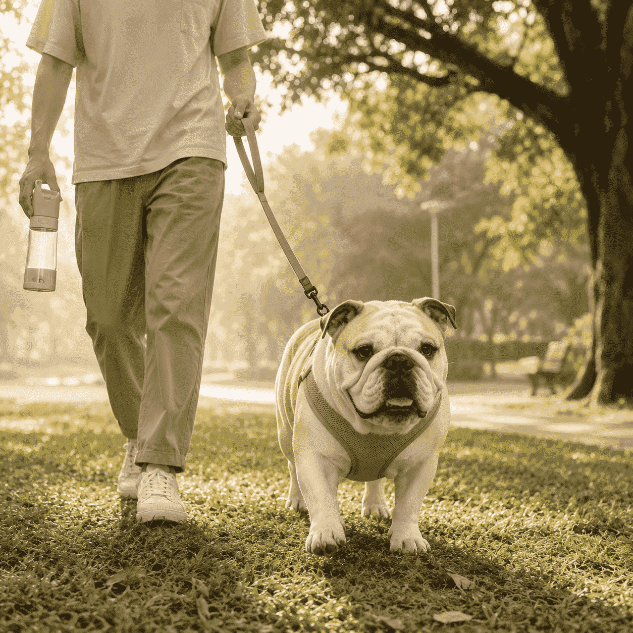 英國鬥牛犬在樹蔭下短時間散步，呈現氣溫管理與低強度運動