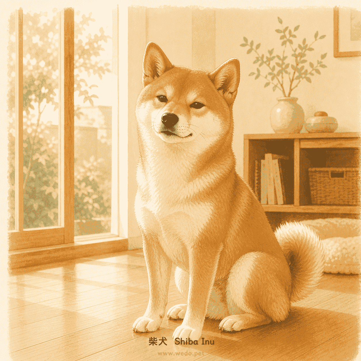 柴犬站姿插畫，呈現中小型精實身形、尖臉、小挺耳與高捲尾