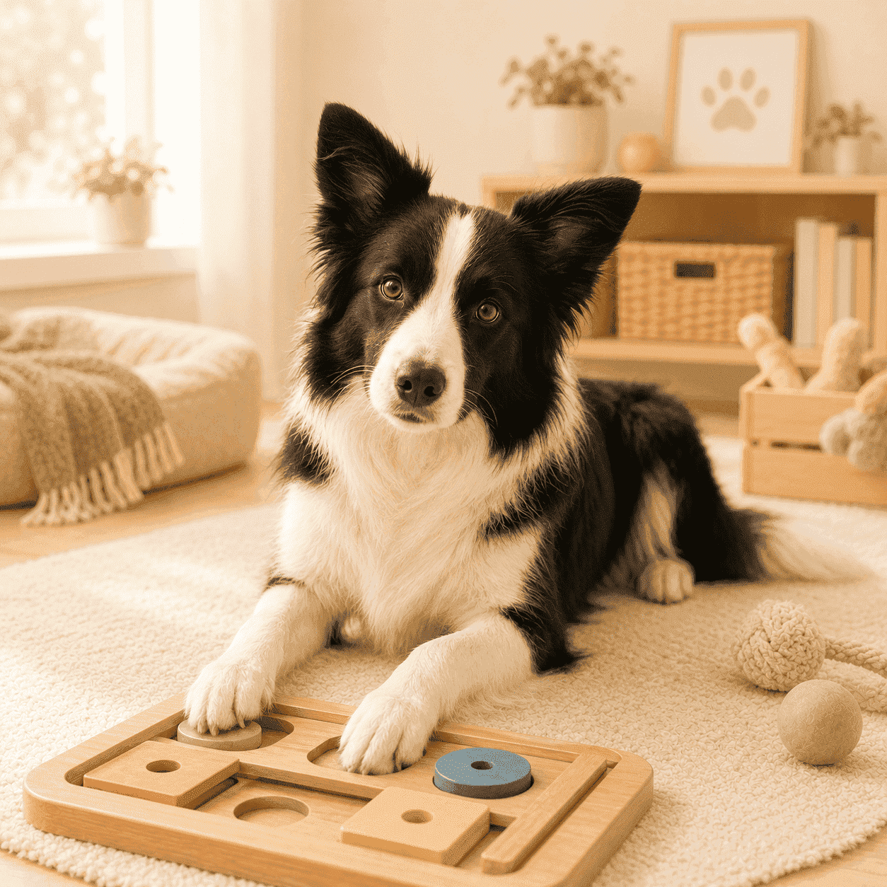 邊境牧羊犬在室內操作益智玩具，代表聰明犬種的任務需求