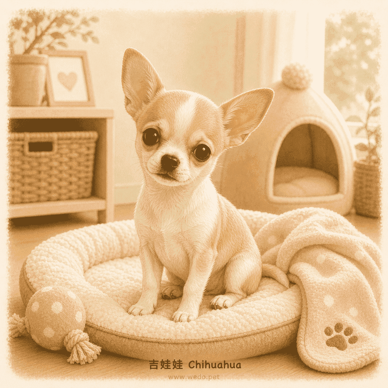 吉娃娃 Chihuahua 可愛插畫，在溫暖室內睡床上休息