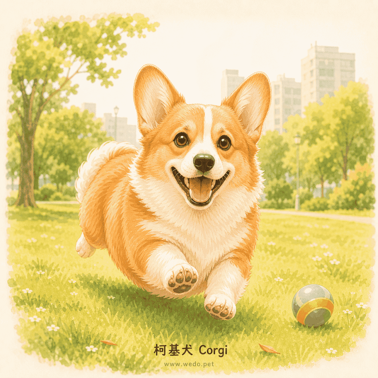 柯基犬在公園草地奔跑，代表活力、體重控制與關節照護