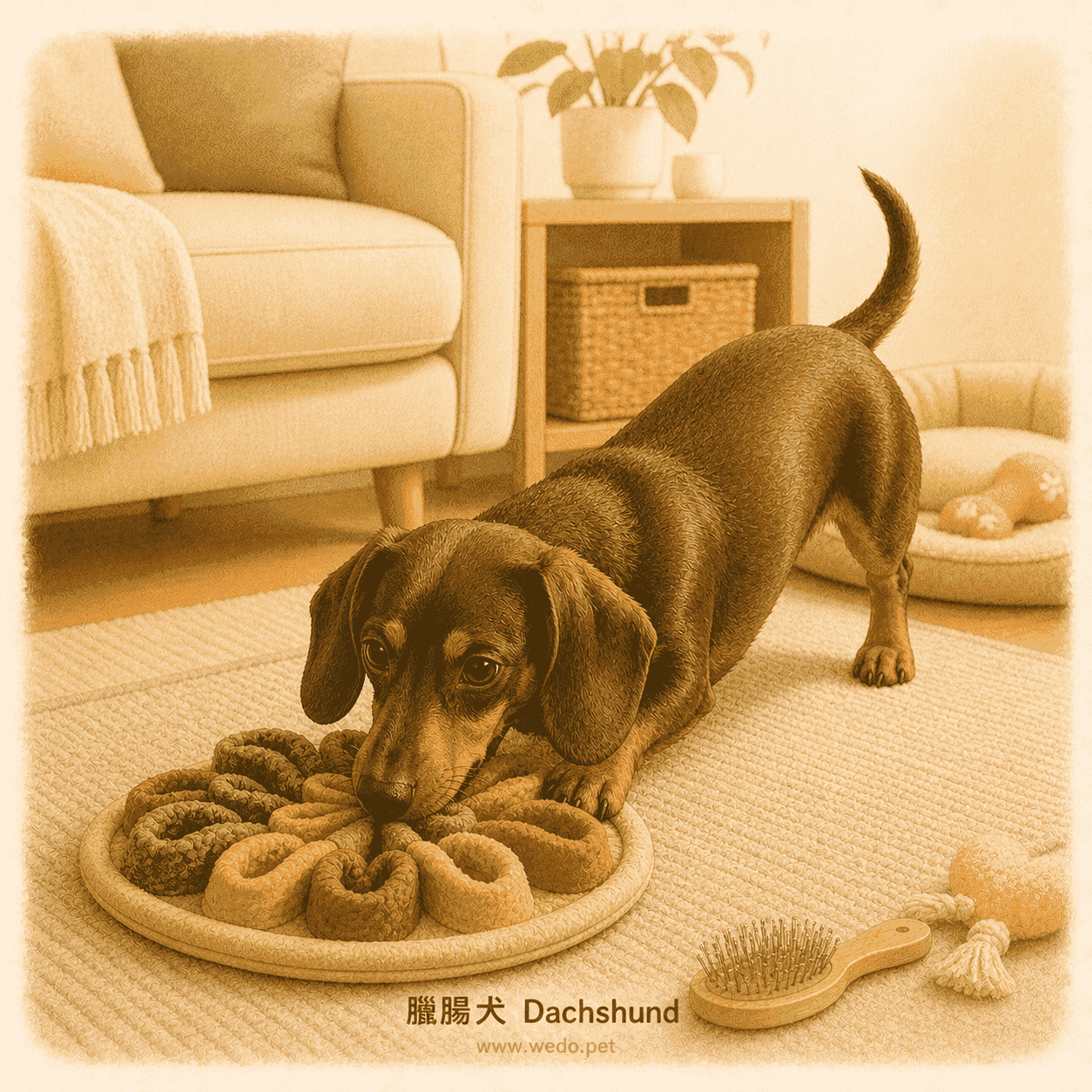 臘腸犬 Dachshund 可愛插畫，在室內嗅聞玩具上探索