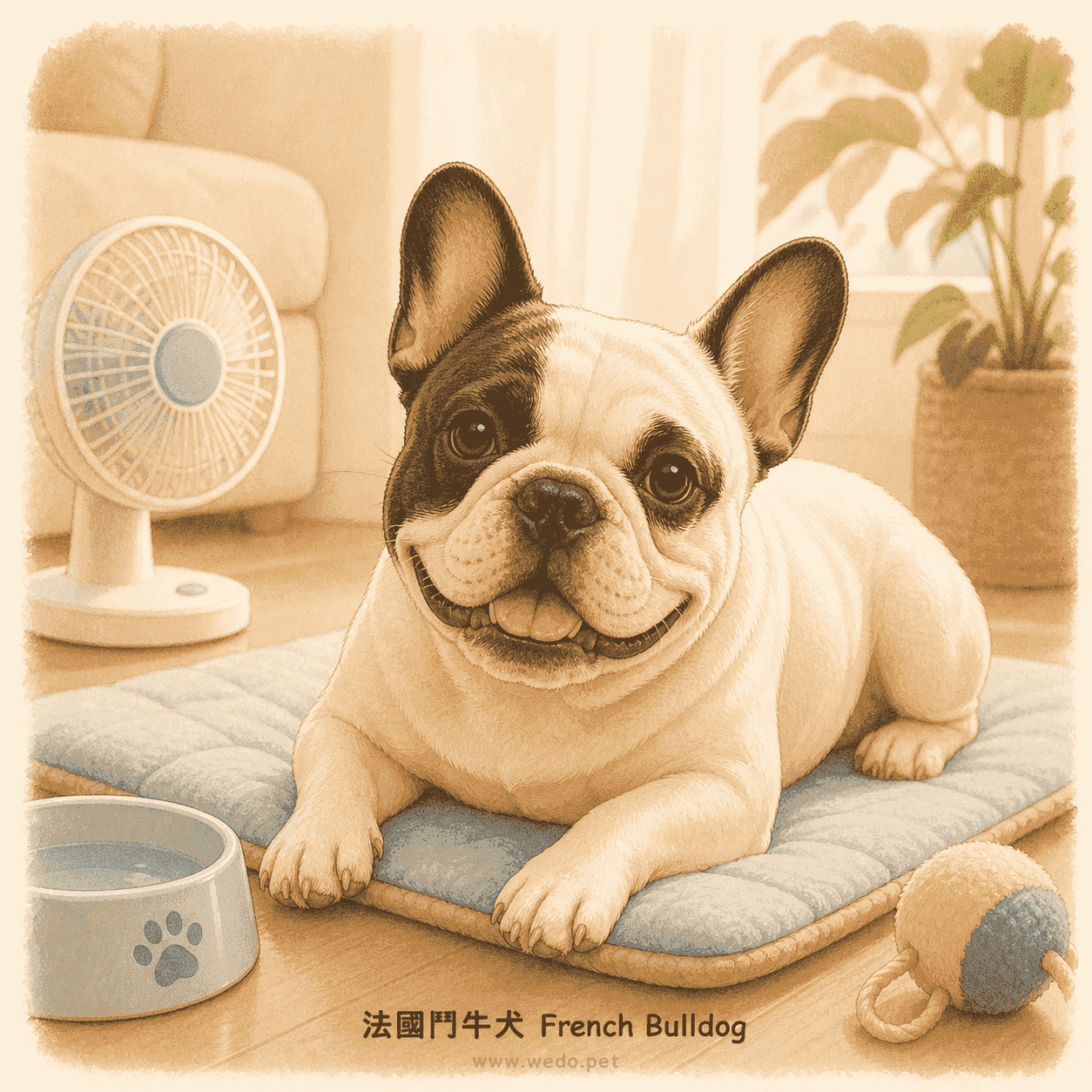 法國鬥牛犬 French Bulldog 可愛插畫，在室內冷墊上休息