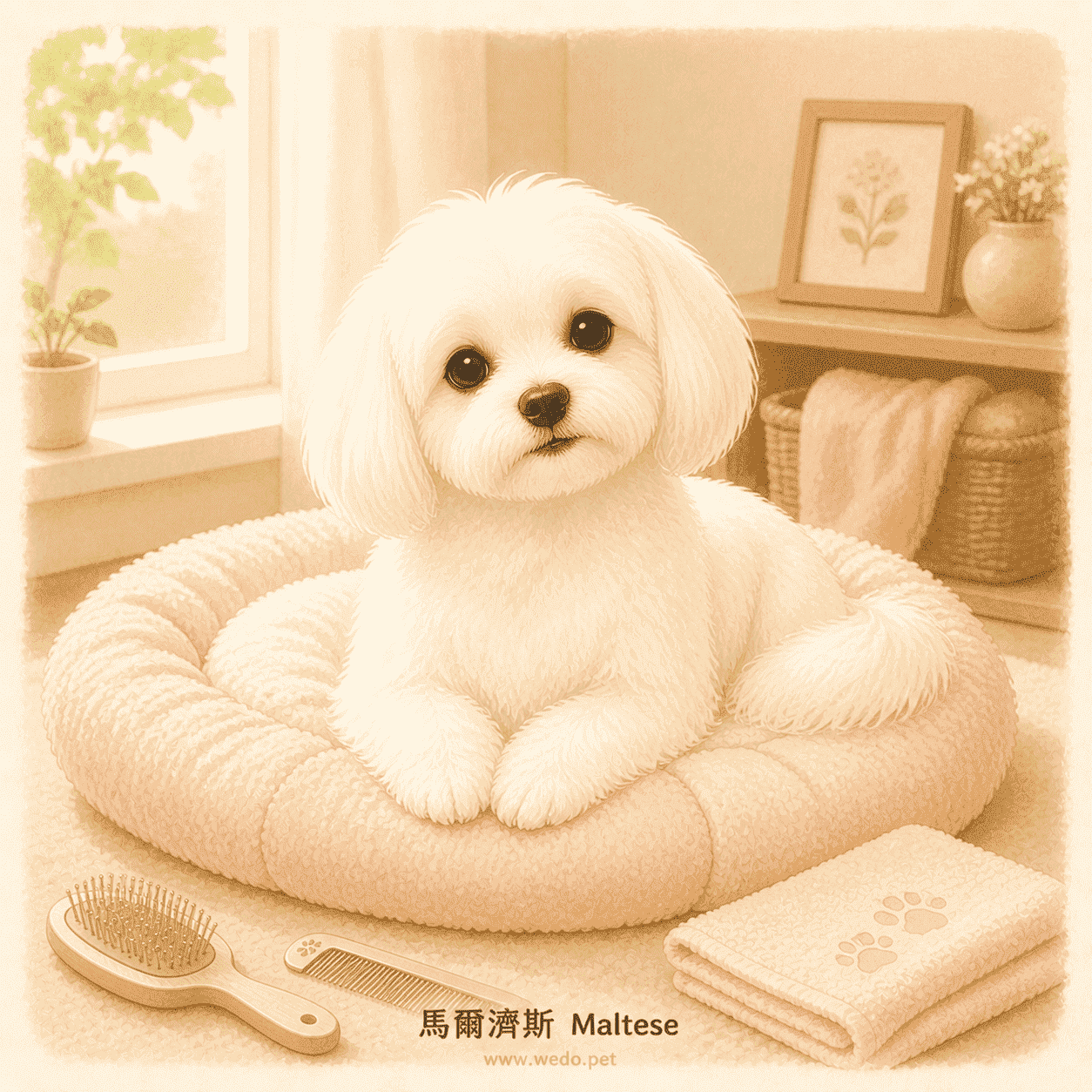 馬爾濟斯 Maltese 可愛插畫，在粉色睡床上休息並搭配梳毛用品