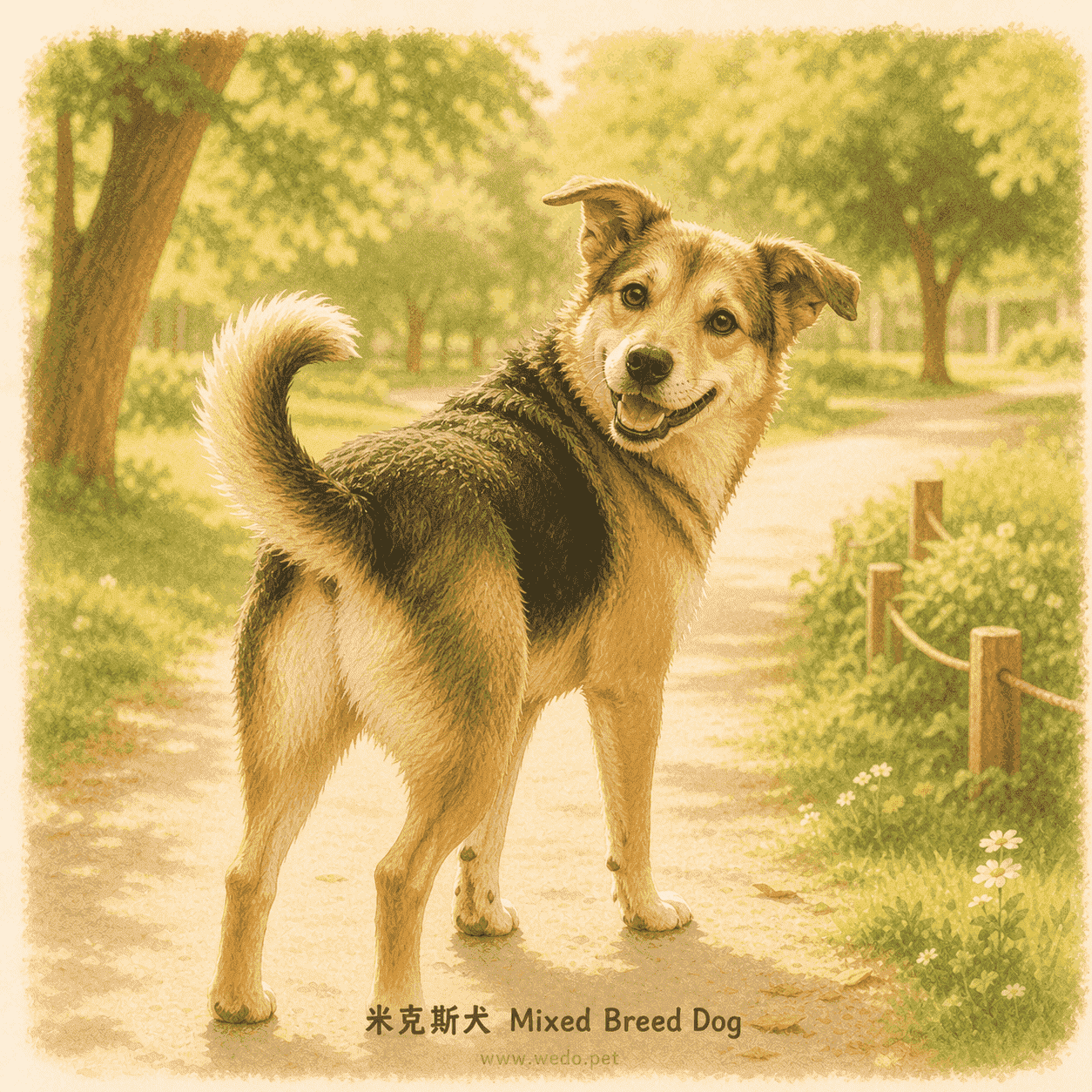 米克斯犬 Mixed Breed Dog 可愛插畫，在公園步道回頭微笑