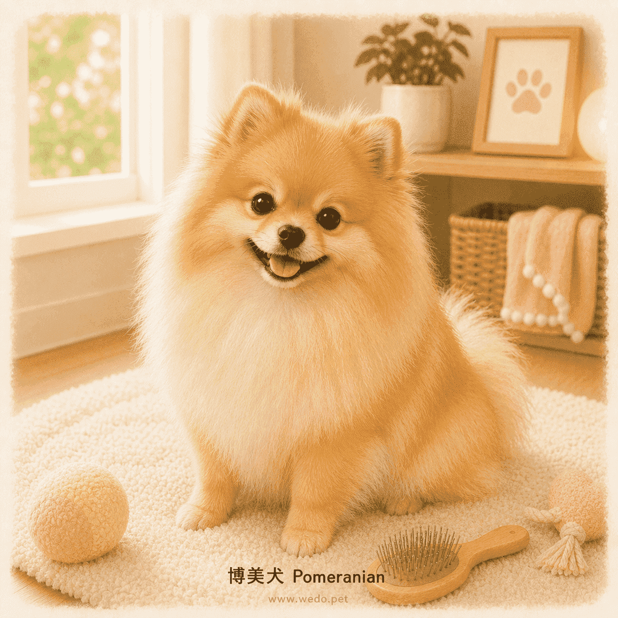 博美犬 Pomeranian 可愛插畫，在溫暖室內與玩具和梳毛刷同框