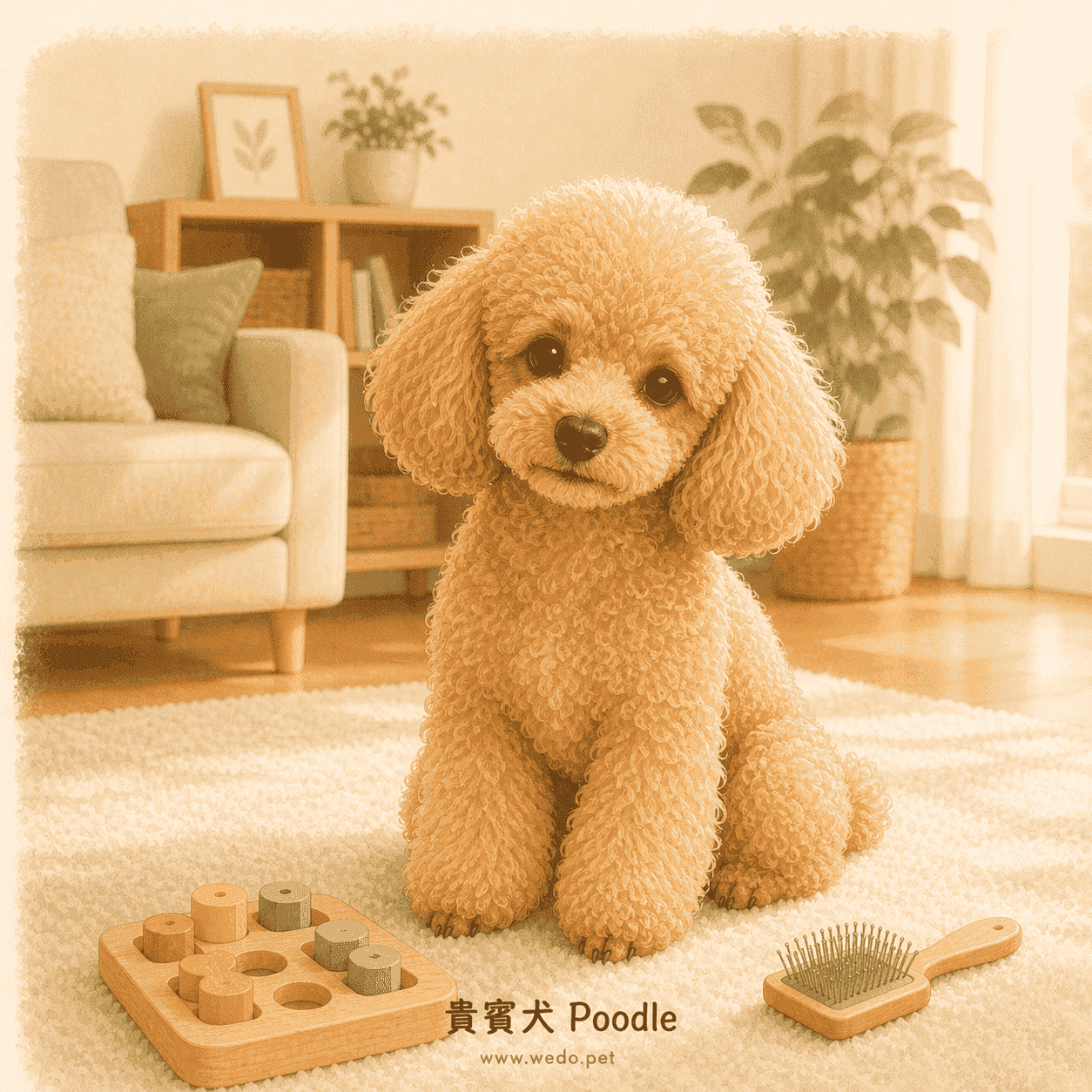 貴賓犬在客廳與益智玩具同框，代表台灣常見人氣犬種