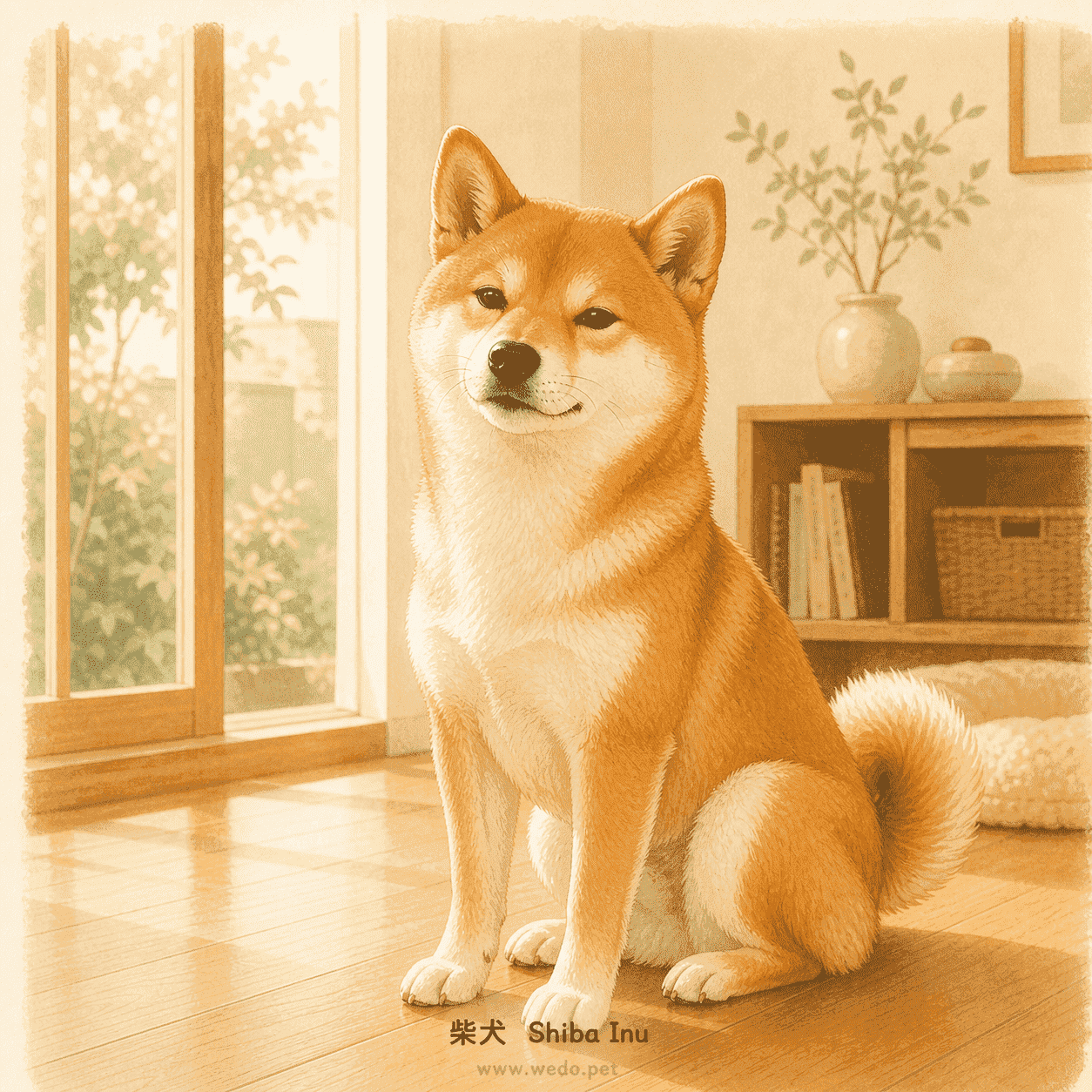 柴犬在溫暖室內坐著，代表獨立敏銳與居家陪伴