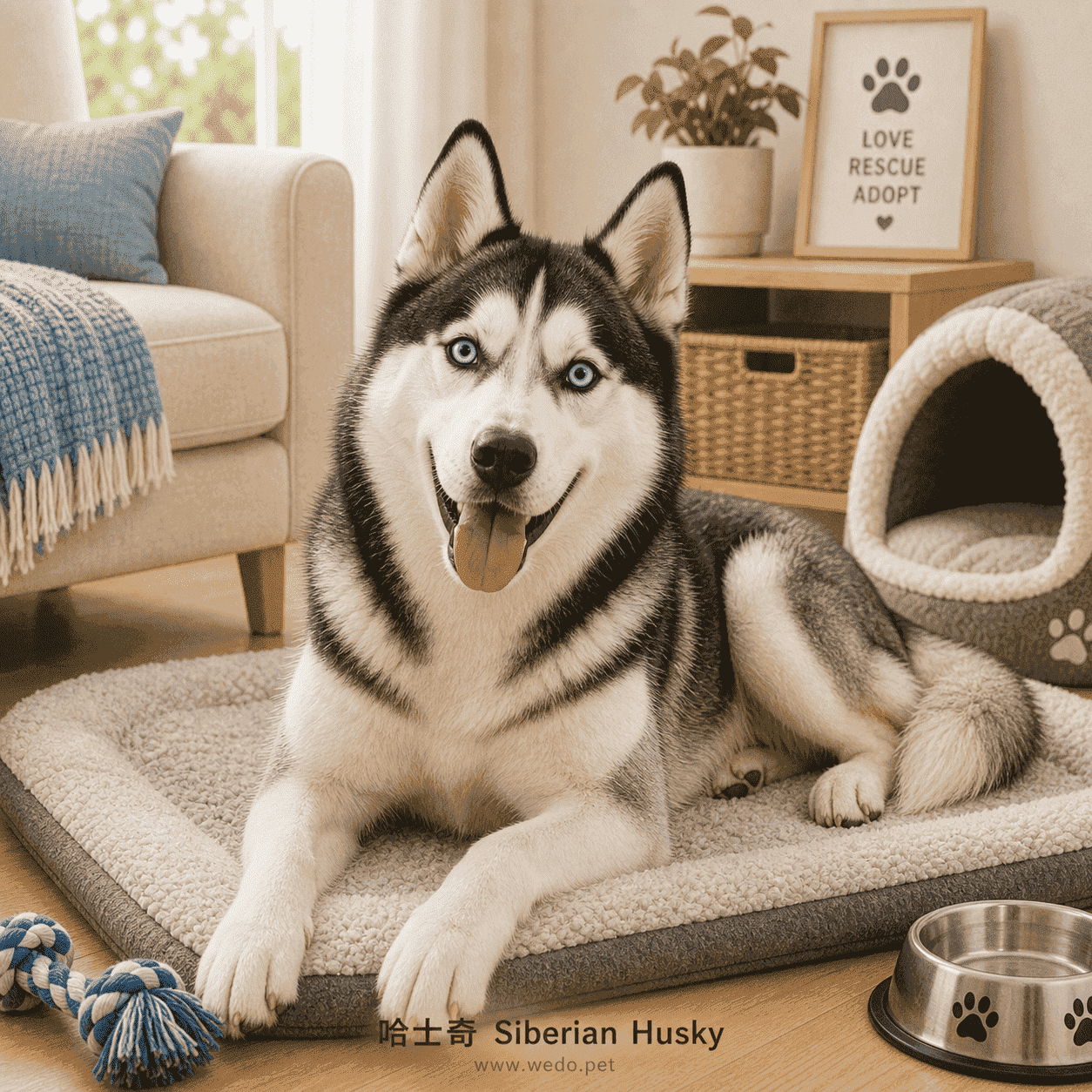 哈士奇 Siberian Husky 可愛插畫，在室內睡墊上休息