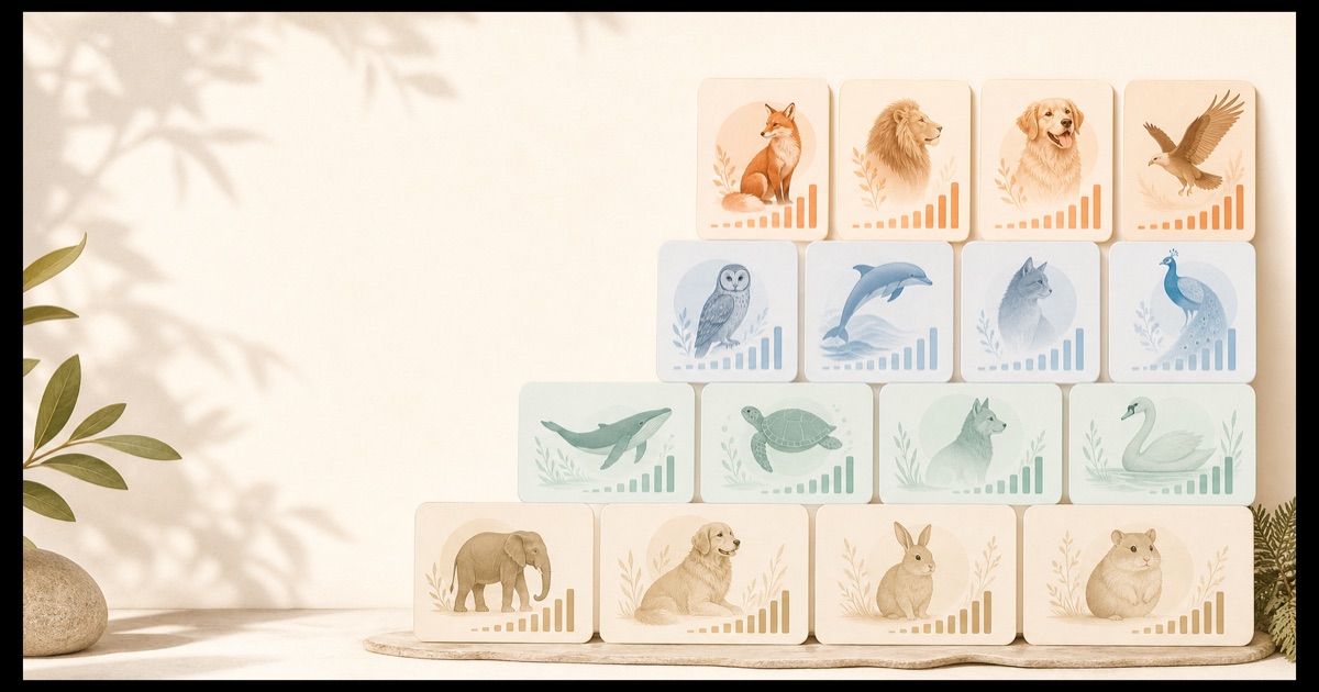 16 張柔和色系的動物原型排行榜卡片，呈現 MBTI 動物原型稀有度分佈